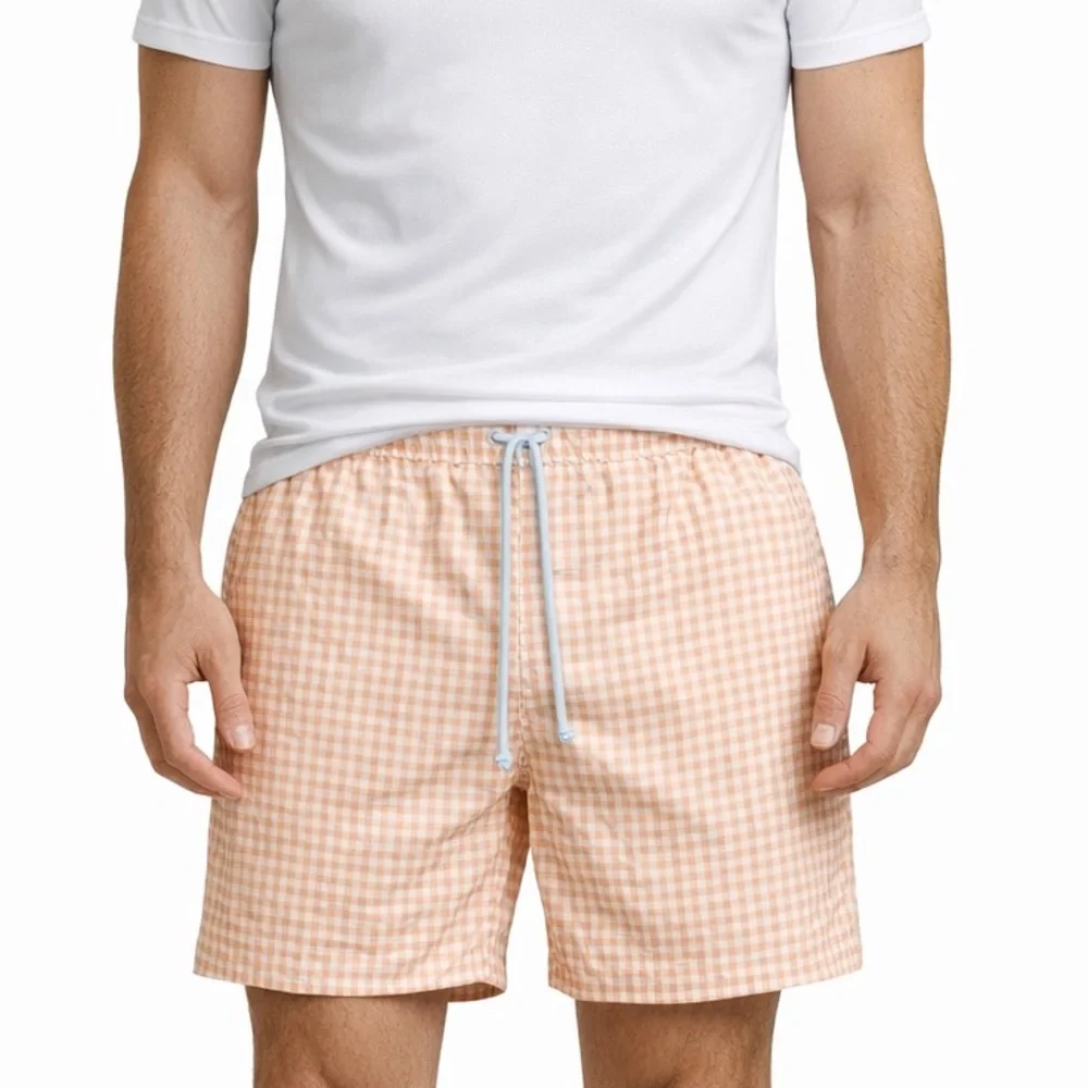 TailorByrd Mens Swim Trunks Large Orange White Gingham 6” Inseam Lined Pockets